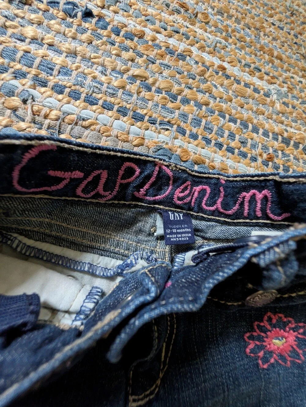 Vtg Gap Toddler Jeans 12-18M Floral Embroidered Flare Boho Y2K Dark Wash